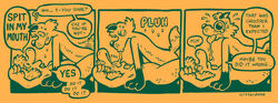 anthro blush bodily_fluids canid canine comic critterdome duo embarrassed english_text female fox hi_res humiliation lizard lying male mammal missionary_position on_back reptile saliva saliva_drip saliva_string scalie sex sound_effects speech_bubble spitting spitting_in_mouth straight sweat sweatdrop teasing text tongue