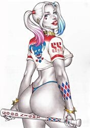 1girls ass back_view baseball_bat batman_(series) big_ass big_breasts blue_eyes bubble_butt busty carlos_braga curvaceous curvy curvy_figure dat_ass dc dc_comics deviantart deviantart_link dyed_hair earrings eyebrows eyelashes eyes eyeshadow female female_only harley_quinn hips large_breasts licking_own_lips light-skinned_female light_skin lips lipstick looking_at_viewer looking_back no_bra no_bra_under_clothes pigtails red_lipstick shirt solo suicide_squad tattoo thick thick_thighs thighs thong tongue_out top_heavy twintails underboob underwear villain villainess voluptuous white_background wide_hips