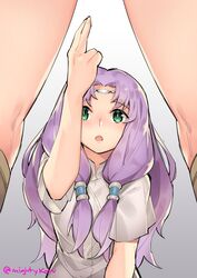 2girls blush circlet female_only fingering fingers fire_emblem fire_emblem:_the_blazing_blade florina_(fire_emblem) gebyy-terar green_eyes hair_tubes highres imminent_fingering imminent_sex innocent legs long_hair lyn_(fire_emblem) lyndis_(fire_emblem) multiple_girls nintendo open_mouth purple_hair shirt yuri