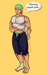 1boy bara buffyloop bulge feet gay green_hair male male_only one_piece pubic_hair roronoa_zoro scratches simple_background sleepy sock solo yaoi