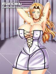 1girls arrancar barely_contained big_breasts bleach blonde_hair blue_eyes bluegraves blush breasts busty censored cleavage clothed clothing corset curvaceous curvy curvy_figure digital_media_(artwork) dress female female_only hands_behind_back hands_behind_head highres hips hourglass_figure inviting large_breasts legs long_hair looking_at_viewer matsumoto_rangiku mole mole_under_mouth revealing_clothes short_dress short_skirt smile solo standing tease thick thick_legs thick_thighs thighs tight_dress voluptuous wide_hips wink