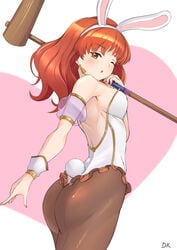 1girls back bare_back blush bunny_ears bunny_girl bunny_tail bunnysuit celica_(fire_emblem) deekei exposed_back fire_emblem fire_emblem_echoes:_shadows_of_valentia fire_emblem_gaiden hammer looking_at_viewer looking_back nintendo one_eye_closed red_eyes red_hair solo solo_female wink