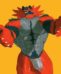 2020 abs anthro barazoku beckoning bedroom_eyes blush bodily_fluids bulge clothing felid fur gesture hi_res incineroar jockstrap looking_at_viewer male male_only mammal meme muscular muscular_anthro muscular_male narrowed_eyes nintendo oryzaviridi pecs pokémon_(species) pokemon seductive simple_background smile solo standing sweat underwear video_games wet wet_body wet_clothing wet_fur wet_underwear yellow_background