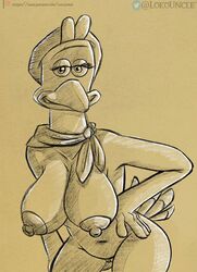 aardman_animations anthro areola avian beak big_breasts biped bird breasts chicken chicken_run clothing digital_media_(artwork) dreamworks el-loko feathers female galliform gallus_(genus) genitals ginger_(chicken_run) hand_on_hip hat headgear headwear looking_at_viewer mammal mostly_nude nipples nude phasianid pussy simple_background smile solo thick_thighs