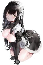 absurdres apron arm_support ass bangs between_legs black_gloves black_hair blush breasts breasts_out collar crossed_bangs dress elbow_gloves fanbox_reward female frilled_apron frilled_collar frilled_dress frilled_sleeves frills full_body gloves grin hair_between_eyes hair_ribbon hand_between_legs haori_iori high_collar highres large_breasts lips long_hair long_sleeves looking_at_viewer maid maid_apron maid_headdress nipples original paid_reward parted_lips puffy_short_sleeves puffy_sleeves ribbon seiza short_dress short_sleeves simple_background sitting smile solo thighs waist_apron white_background yellow_eyes