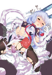 absurdres bangs bar_censor black_legwear blunt_bangs breast_sucking brown_eyes censored dress female fertilization gloves hair_ribbon headgear highres impregnation kantai_collection long_hair lying milking_tentacles murakumo_(kantai_collection) navel necktie on_back ovum panties panties_aside pantyhose red_neckwear remodel_(kantai_collection) restrained ribbon sailor_dress short_eyebrows sidelocks silver_hair small_breasts solo sperm_cell spring_oct tentacle tentacle_sex tentacle_sucking_breasts thighband_pantyhose torn_clothes torn_legwear tress_ribbon underwear vaginal_penetration white_panties