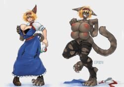 2017 4_breasts alice_margatroid animal_humanoid anthro biped blonde_hair blue_eyes blush breast_expansion breasts cat_humanoid chemical chest_tuft clenched_teeth clothed clothing domestic_cat dress expansion felid felid_humanoid feline feline_humanoid felis female footwear fully_clothed furrification grin growth hair hand_on_breast huge_breasts human_to_anthro humanoid mammal mammal_humanoid mostly_nude multi_breast nipples sequence shoes simple_background smile solo species_transformation standing surprise tail_growth teeth torn_clothing touhou transformation tuft video_games white_background zer0ember