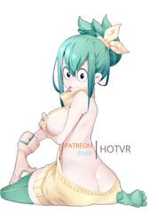 1girls :p arm_under_breasts ass backless backless_outfit bangs big_breasts big_eyes black_eyes breasts female female_only gloves green_hair hotvr long_hair looking_at_viewer looking_back my_hero_academia no_bra no_panties no_underwear revealing_clothes sideboob simple_background sitting smile solo sweater thighhighs tied_hair tongue tongue_out tsuyu_asui virgin_killer_sweater white_background