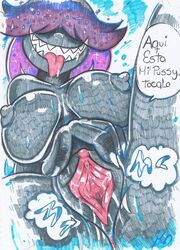 1girls black_body breasts female genitals hi_res humanoid mcdave19 monster monster_girl_(genre) nude pussy solo tongue tongue_out traditional_media_(artwork)