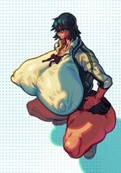 1girl 1girls alternate_breast_size big_ass big_breasts breasts_bigger_than_head huge_ass huge_breasts hyper hyper_breasts kill_la_kill maotthat matoi_ryuuko nipple_bulge short_hair short_skirt skirt squatting sweat thick thighs tight_clothing tight_fit villainmouse