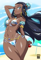 1girls arm_band bayeuxman bikini dark-skinned_female dark_skin female female_focus female_only gym_leader long_hair mature_female nessa_(pokemon) nintendo pokemon pokemon_ss swimsuit tagme two_tone_hair