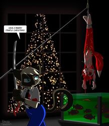 anthro blood bodily_fluids canid canine christmas christmas_lights christmas_tree domestic_cat duo felid feline felis fish fox gore holidays krezz_karavan makogrey male male/male mammal marine melee_weapon piranha_(fish) roy_(character) serrasalmid siamese sword torture tree water weapon