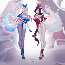 2girls ahri black_hair blonde_hair blue_eyes bunnysuit citemer curvaceous curvy curvy_figure female fox_ears fox_tail furry_tail high_heels k/da_all_out_ahri k/da_all_out_series k/da_series league_of_legends looking_at_viewer tail yellow_eyes