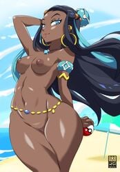 1girls bayeuxman belt breasts dark-skinned_female dark_skin female female_focus female_only jewelry long_hair mature_female mostly_nude necklace nessa_(pokemon) nintendo nipples nude outdoors pokemon pokemon_ss solo tagme two_tone_hair