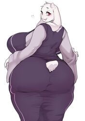 1girls anthro ass ass_in_dress big_ass blush cherrikissu eye_contact female horns huge_ass huge_breasts humanoid large_ass large_breasts looking_at_viewer looking_back red_eyes tail toriel undertale voluptuous white_background white_fur wide_hips