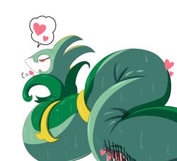 better_version_at_source blush bodily_fluids female genitals heart nintendo pokémon_(species) pokemon pon_(pixiv) presenting presenting_pussy pussy reptile scalie serperior simple_background snake solo sweat video_games white_background