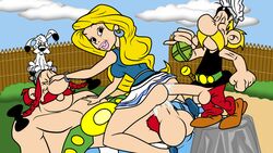 1girls anal anal_sex ass asterix asterix_and_obelix asterix_the_gaul blonde_hair bottomless clothing commission commission_art cum cum_inside dogmatix double_penetration female huge_cock male mmf_threesome obelix overweight_male panacea short_male size_difference straight superblast threesome toony vaginal_penetration