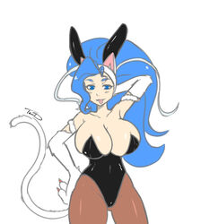 1girls ahoge arm_behind_head blue_eyes blue_hair breasts bunny_ears bunny_suit capcom cat_ears cat_tail catgirl claws cleavage clothing darkstalkers felicia_(darkstalkers) female_only hand_on_hip huge_breasts kemonomimi large_breasts long_hair looking_at_viewer monster_girl pantyhose that-girl-whodraws tongue_out white_fur