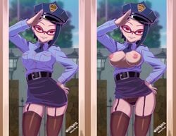 1girls areolae belt black_hair boruto:_naruto_next_generations breasts breasts_out clothing costume edit eyeshadow female female_only garter_straps glasses hat looking_at_viewer miniskirt naruto naruto_(series) necktie nightmare_hdraw nipples no_bra open_clothes panties peaked_cap pencil_skirt police police_hat police_uniform policewoman red_eyes salute sarada_uchiha sharingan shirt skirt smile split_screen stockings teenager tie tight_skirt wavy_hair