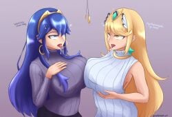 2girls alternate_breast_size blonde_hair blue_eyes blue_hair breast_press breast_squish breasts colored drool drooling earrings eyes_rolling_back fire_emblem fire_emblem_awakening hand_on_breast holding_breast hypnosis intelligent_systems iq_loss jewlery large_breasts lucina_(fire_emblem) mind_control monolith_soft mythra nettleseeds nintendo pendulum pendulum_swinging super_smash_bros. tagme text tiara tounge_out trance xenoblade_(series) xenoblade_chronicles_2 yellow_eyes