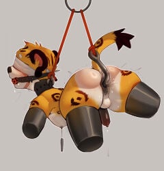 4_missing_limbs amputee anal anal_hook anal_penetration anthro ball_gag balls bdsm blindfold blush bondage bound butt collar disability felid feline femboy gag gagged genitals hi_res kamisama male mammal nipples penetration penis quadruple_amputee solo submissive submissive_male