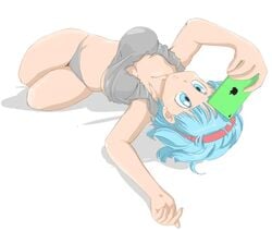 1girls bikini blue_eyes blue_hair bulma_briefs bulma_briefs_(frieza_saga) caisama dragon_ball dragon_ball_z female female_only headband laying_down laying_on_side phone solo solo_female tank_top tank_top_lift