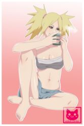 1girls bangs bare_shoulders barefoot blonde_hair breasts cameltoe cleavage crossed_legs cup drink drinking feet female female_only green_eyes holding_object long_hair naruto naruto:_the_last naruto_(series) nipples no_bra no_panties seelenkaetzchen solo spread_legs steam temari tied_hair toes tubetop twintails visible_nipples