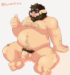 2021 absurd_res anthro balls bara belly domestic_pig eeveecholo eyewear flaccid furry genitals hi_res humanoid_genitalia humanoid_hands humanoid_penis male male_only mammal moobs overweight overweight_anthro overweight_male penis pubes sitting solo suid suina sunglasses sus_(pig)