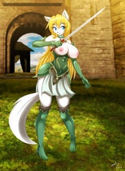 anthro big_breasts blonde_hair blue_eyes boots breasts bustier canine choker cleavage clothed clothing cosplay detached_sleeves edit fantasy female gloves grass hair jessica_elwood laurel_(character) mammal matypup medieval nipples outside partially_clothed plantigrade skimpy skirt smile solo sword thigh_boots warrior weapon