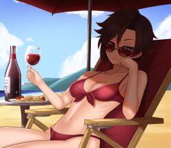 alcohol_bottle bikini black_hair cookies cslucaris grey_eyes holding_head looking_over_eyewear looking_over_sunglasses on_chair plate red_bikini ruby_rose rwby short_hair sitting sunglasses table tinted_eyewear under_umbrella viz_media wine wine_glass