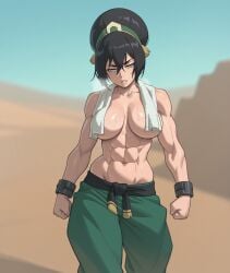 1girls abs ai_generated avatar_the_last_airbender baggy_pants black_hair blind blurry_background buff buff_female clenched_hands covered_nipples desert dripping female female_only grey_eyes heavy_breathing large_breasts muscular_female navel outdoors solo sweat sweating toonyai toph_bei_fong topless towel_around_neck walking wet_body