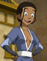 1girls ai_generated avatar_legends avatar_the_last_airbender blue_eyes blue_robe brown_hair cleavage deep_cleavage female flat_chest flat_chested hair_loopies katara no_bra plunging_neckline robe smile smiling teenage_girl teenager water_tribe edit mouth_open happy hands_on_hips