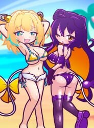 2girls bikini blonde_hair bombergirl breasts female female_only furii_(artist) konami light-skinned_female light_skin pine_(bombergirl) prune_(bombergirl) purple_hair puyo_puyo_artstyle