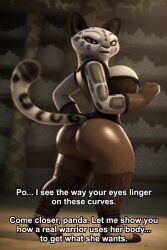 3d 3d_(artwork) ai_assisted anthro asian_clothing ass_crack athletic_female back_view big_ass brown_legwear brown_pants busty cat_tail catgirl cleavage_overflow corset curvaceous dialogue dreamworks dreamworks_animation felid feline furry_tail gloves high_quality highres huge_ass huge_breasts kung_fu_panda kung_fu_panda_legends_of_awesomeness leggings leopard leopard_print lewdstein lighting looking_at_viewer looking_back muscular_legs pantherine paws raised_tail rosettes sideboob skin_tight snow_leopard su_wu subtitled sunlight tail text thick_legs thick_thighs thin_waist tight_clothing tights toned_female voluptuous yellow_eyes