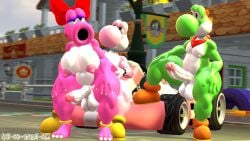1futa 2boys 3d 3d_(artwork) anklet balls big_breasts big_penis big_thighs birdo blue_eyes bow bracelet breasts collar curvy eyeshadow futanari green_yoshi half-closed_eyes handkerchief kabalmystic_(style) mario_(series) mario_kart nintendo nipples not-so-violet-sfm outdoors penis pink_yoshi purple_eyes purple_eyeshadow red_bow sex shoes spiked_bracelet thick thick_hips thick_thighs thighs threesome trio wide_hips yoshi