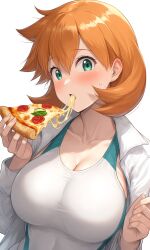 kasumi_(pokemon) misty_(pokemon_hgss) pokemon ai_generated misty_(pokemon) clothing competition_swimsuit covered_navel hair_between_eyes jacket long_sleeves one-piece_swimsuit open_clothes open_jacket open_shirt shirt sportswear swimsuit tank_suit white_jacket white_one-piece_swimsuit white_shirt white_swimsuit aged_up alternative_age alternative_bust_size blush breasts busty clavicle cleavage female green_eyes huge_breasts navel orange_hair short_hair open_mouth eating holding holding_food holding_object holding_pizza looking_at_viewer food pizza pizza_slice bodily_fluids sweat sweatdrop 1girl solo upper_body