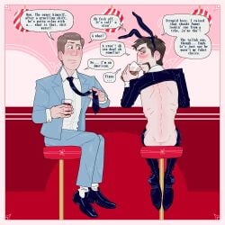 bar_stool bar_(place) bar_counter 2boys no_sex ass showing_off showing_off_back visible_spine skinny skinny_male hip_dips male male_only male_focus conversation insult insulting_another digital_media_(artwork) digital_drawing_(artwork) english_text english english_dialogue art_deco smirking smirking_at_another smiling smiling_at_another hook_nose ringmaster_wagstaff original original_character original_characters pale_skin visible_ribs drinking drink beer alcohol alcoholic_drink alcoholic_beverage alcohol_consumption reverse_bunnysuit bunnysuit bunny_suit bunny_costume high_heels thigh_high_boots bunny_ears 40_year_old dilf facial_hair older_male old_male amused amused_expression degredation degraded drinking_alcohol blushing blushing_male mr_shrink ringmaster crossdressing crossdressing_male inappropriate_outfit revealing_clothes indecent_exposure ass_out small_ass small_butt uncensored tired tired_eyes tired_expression black_tie suit suit_and_tie blazer dress_pants formal formal_wear formal_clothes formal_attire