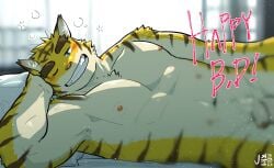 1boy abs animal_ears artist_name bara biceps bite_mark_on_chest blurry blush censored commentary_request flaccid foreskin furry furry_male happy_birthday highres injury jeck_(2184521) korean_commentary looking_at_viewer lying male_focus morenatsu muscular muscular_male navel nipples on_bed on_side one_eye_closed open_mouth pectorals penis smile squeans testicles tiger_boy tiger_ears tiger_stripes torahiko_oshima yellow_fur