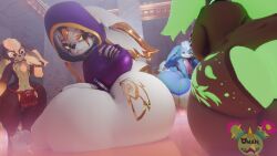 16:9 absurd_res android anthro apple_(plushyafton) ass_to_ass balls between_butts big_balls big_butt butt butt_crush butt_focus butt_smother facesitting female genitals group hi_res hobkin humanoid kiwi_(plushyafton) machine male male/female omananimations orisa_(omananimations) robot robot_humanoid sitting sitting_on_another smothering teasing_with_butt thick_thighs wide_hipped_male wide_hips widescreen