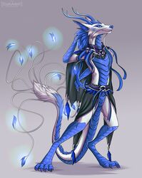 2020 4_toes alternate_version_at_source animal_genitalia anthro antlers asian_mythology barbel_(anatomy) belt biped blue_antlers blue_body blue_eyes blue_nose blue_scales bottomwear claws cloaca cloak clothed clothing darkarlett digital_media_(artwork) digitigrade dragon east_asian_mythology eastern_dragon etis fingers flesh_whiskers fur furry_only genitals hair hi_res horn long_tail looking_at_viewer male male_only mane mythology nude paws pose scales simple_background skimpy skirt smile solo standing toes white_body white_fur