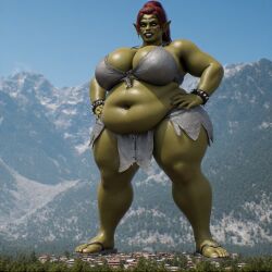 ai_generated barefoot brown_eyes brown_hair full_body giantess green_skin hands_on_hips high-angle_view muscular ogress orc_female perchance_ai village