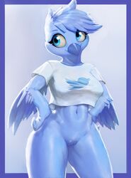 2019 anthro avian beak bird blue_beak blue_eyes blue_feathers bottomless breasts clothed clothing edit feathers featureless_crotch female genitals hands_on_hips hi_res looking_down meme non-mammal_breasts pussy shirt smile solo thick_thighs thousandfoldfeathers topwear tweetfur twitter wide_hips wings