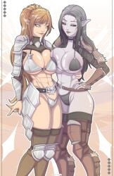 2girls abs adora_skyrim bikini_armor black_hair blue_eyes boob_squish bra breasts breton brown_hair dark_elf dunmer female/female female_only g-string girlfriends grey_skin half-elf jenassa lesbian lesbian_couple lingerie looking_into_eyes red_eyes red_markings rock_well skyrim stockings tan_skin the_elder_scrolls thong yuri