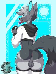 absurd_res annal anthro arctic_fox balls blue_eyes candy canid canine character_specter cybernetics dessert food fox fox_tail fur furry genitals grey_body grey_fur hi_res machine male male_focus mammal solo true_fox vivante white_body white_fur