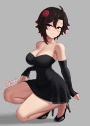 cslucaris ruby_rose viz_media rwby black_dress black_gloves rose_(flower) flower_in_hair black_hair short_hair bending_down high_heels black_heels grey_background artist_name artist_signature grey_eyes
