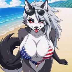 1female 1girls ai_generated american_flag_bikini anthro beach beautiful big_breasts bikini breasts canid canine canis demon demon_girl ear_piercing ears female furry furry_only goth goth_girl grey_body grey_fur grey_hair hellhound helluva_boss hi_res high_resolution highres long_hair looking_at_viewer loona_(helluva_boss) mildlyflirty multicolored_fur mythological_canine mythological_creature mythology ocean outdoors outside red_sclera sand sea sexy silver_hair smile smiling smiling_at_viewer sunglasses sunglasses_on_head swimsuit swimwear tagme tail tongue tongue_out two-piece_swimsuit two-tone_body two-tone_fur two-tone_tail vivienne_medrano vivziepop water white_body white_eyes white_fur wolf wolf_girl wolf_humanoid wolf_tail