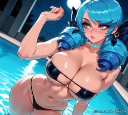 1girl 2026 ai_generated anime artist_name bangs bare_shoulders bikini black_bikini black_bow blue_eyes blue_hair blush boobs bow breasts cleavage closed_mouth collarbone covered_nipples crossover drill_hair female female_focus flushed gwen_(league_of_legends) hair_bow hand_up highres huge_breasts large_breasts league_of_legends long_hair midriff moon navel neutral_expression night night_sky nsfw outdoors patreon pigtails pool riot_games rognezart shiny shiny_hair shiny_skin skindentation solo stomach swimsuit thigh_gap twin_drills twintails very_long_hair wading water web_address wet