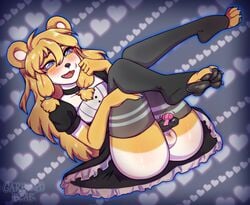 anthro ass balls blonde_hair blush clothed clothing crossdressing erection freckles furry_only garbonzobear genitals giant_panda girly hair hi_res kamille(marshmallow) legwear long_hair maid_uniform male mammal pawpads penile penis sex_toy sitting smiling_at_viewer solo stockings teal_eyes uniform ursid ursine vibrator vibrator_on_penis