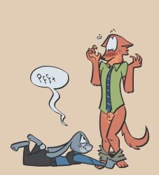 accident anthro assisted_exposure bottomwear bottomwear_down canid canine clothed clothing disney duo embarrassed falling fell_down female fox genitals hi_res humiliation judy_hopps lagomorph laugh laughing_at leporid male mammal micropenis nick_wilde pants pants_down pantsing partially_clothed penis police police_officer police_uniform rabbit samrockwell420 small_penis true_fox uniform zootopia