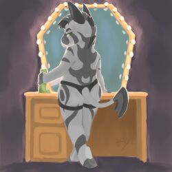absurd_res desk equid equine eyebrows female fingers furniture green_eyes grey_body hi_res hooved_fingers hooves mammal mirror mohawk nonbinary_(lore) sabrinaleaarts slightly_chubby slightly_chubby_female solo strapon stripes table vanity_mirror zebra
